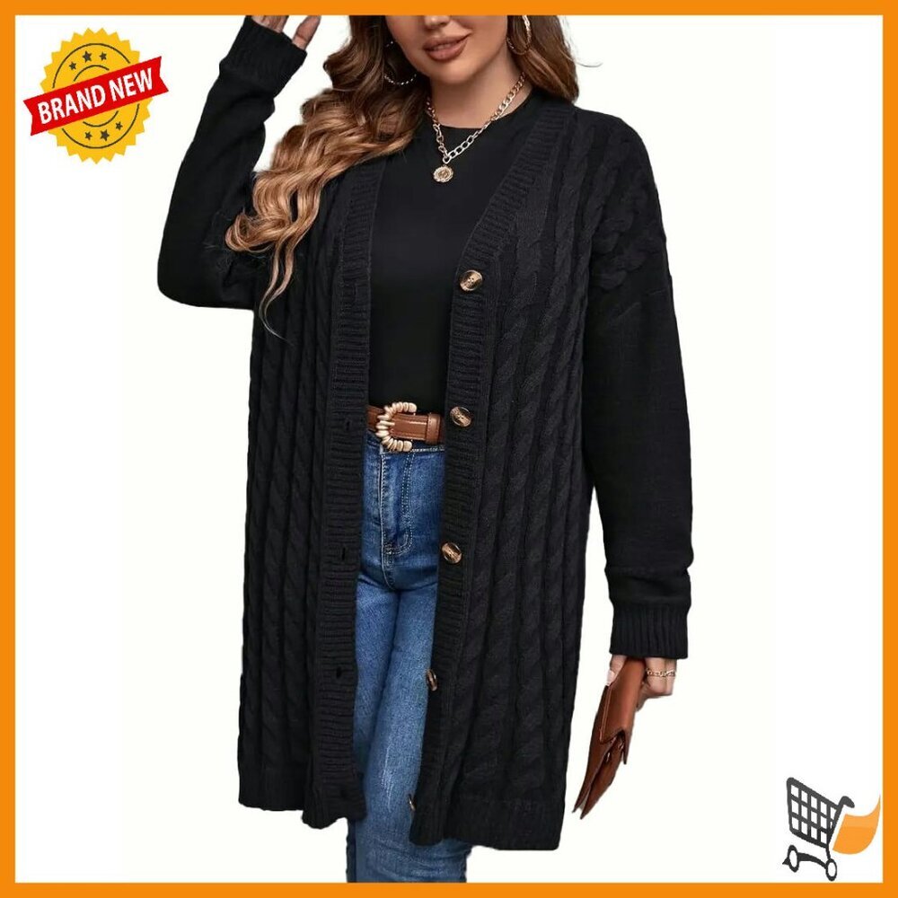 Long Cable Knit Cardigan Button Front Sweater Plus Size Layering